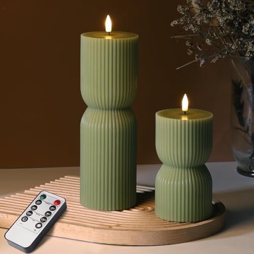 Olive Green Ribbed Flameless Pillar Candles with Remote Set of 2 by Girimax