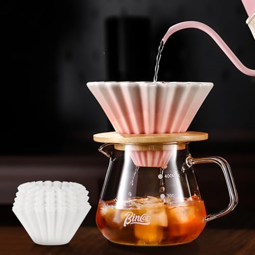 Bincoo 500ML Pour Over Coffee Maker Set with Filter Paper,Ceramic Coffee Dripper with Wood Stand Set for 1-2 Cups-Professional Brewing Tools for Pour Over & Drip for Home Office (Pink) by Bincoo