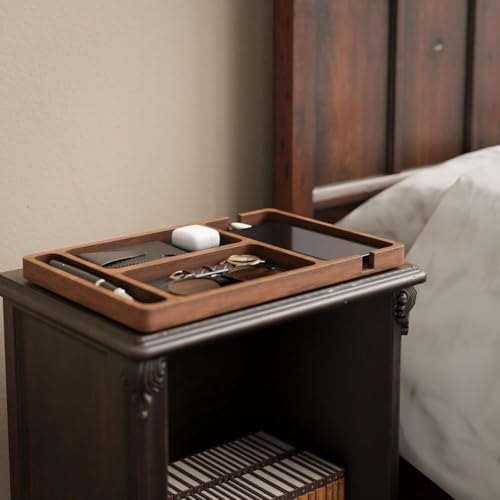 Wooden Valet Tray with Leather Inlay, Office Desk Organizer Tray, Nightstand Storage Tray, Multi-Purpose EDC Jewelry Storage Tray for Keys, Wallet, Watch, Phone & Earbuds (Light Wood) - Image 5
