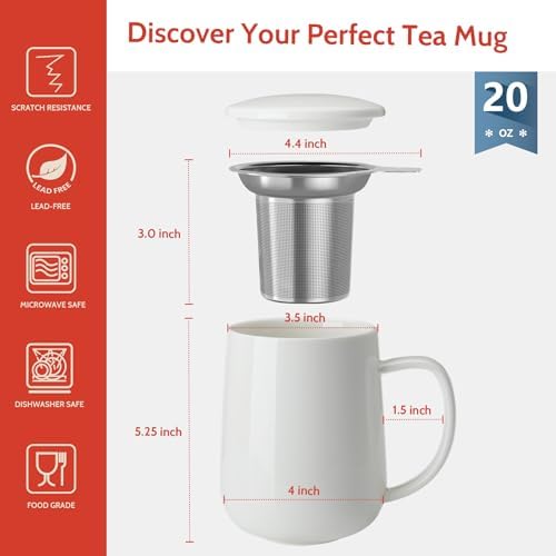 Sweese 20 OZ Porcelain Tea Mug with Infuser and Lid, Loose Leaf Tea Cup, Gifts for Tea Lover - White - Image 2