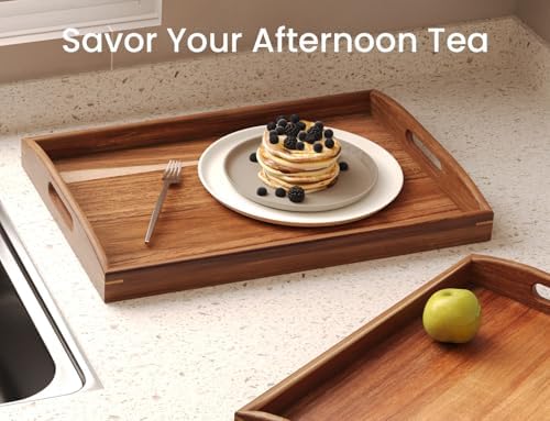 Acacia Wood Set of 2 Serving Trays with Handles Decorative Tray - Image 4
