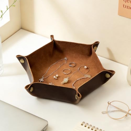 boshiho Valet Tray for Men, Leather Jewelry Catchall Key Phone Coin Box Change Caddy Bedside Storage Box (Chocolate) - Image 4
