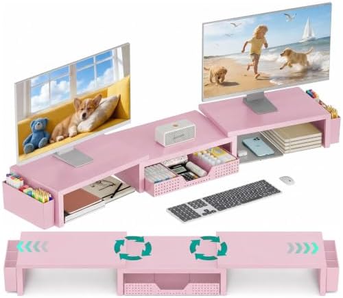 OPNICE Desk Organizer and Accessories, Computer Monitor Stand Riser with Drawer and 2 Pen Holders, Laptop Stand, Office Desk Accessories for Office Supplies, Pink by OPNICE