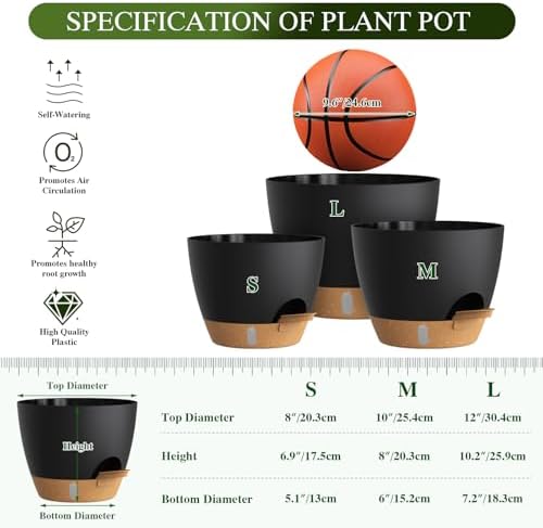 Self Watering Pots with Drainage Holes, 3 Pack 12/10/8 Inch Plant Pots with Water Level Indicator Deep Reservoir, Large Plastic Planter for Indoor Outdoor Plants - Black Brown - Image 2
