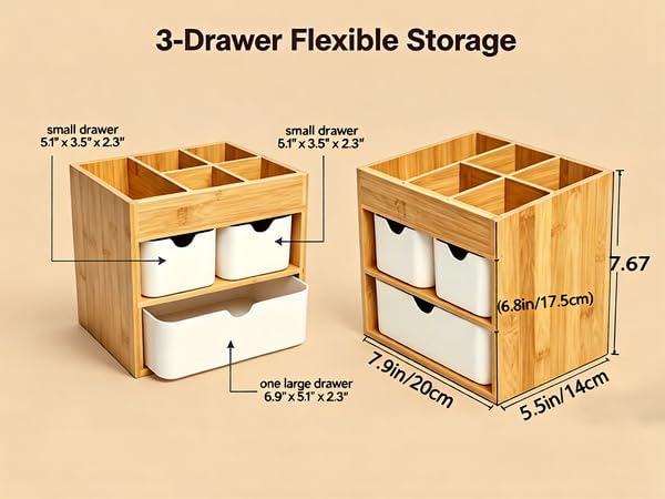Small Bamboo Makeup Organizer with 3 Drawers - Image 4