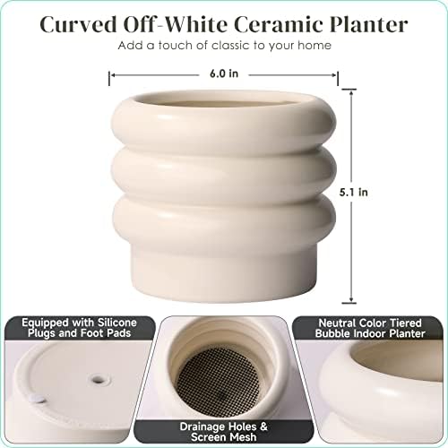 Ceramic Plant Pot, 6 Inch White Ceramic Planter with Drainage Holes - Image 2