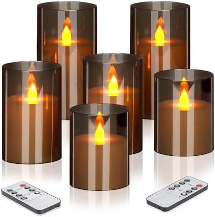 Flameless Candles 4" 5" 6" Acrylic Glass Pillars 3" Diameter Battery Operated Flickering Candles Include Remote with 24Hour Timer Function 400+ Hours by 2 AA Batteries (Gray, Warm Light 6 Pack) by wemarry