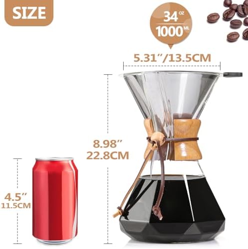 Pour Over Coffee Maker 34 OZ, 10 Cup Borosilicate Glass Drip Coffee Maker with Reusable Stainless Steel Filter and Cork Grip for Home Café 1000 ML (Diamond Shape) - Image 3
