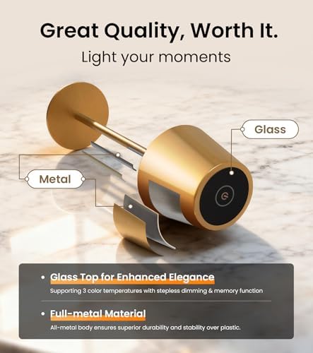 3 Pack Cordless Table Lamp, Portable Battery Operated Lamp with 3 Color Temps and Stepless Dimming, Rechargeable Table Lamp for Dinner, Desk, Cafe, Outdoor (Brushed Gold) - Image 2
