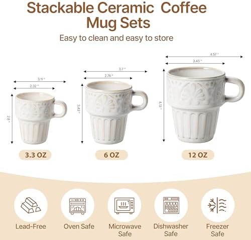 3.3 OZ Coffee Mugs, Ceramic Coffee Mug, Espresso Cups, Stackable Mug, Mug Set of 6, Coffee Cups for Tea Cocoa Cappuccino - Office Party Gathering, Great Gift for Birthday Housewarming Wedding, Beige - Image 2