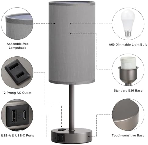 Fenmzee 17.4" Grey Lamp for Bedroom - Dimmable Touch, USB A+C, AC Outlet - Image 7