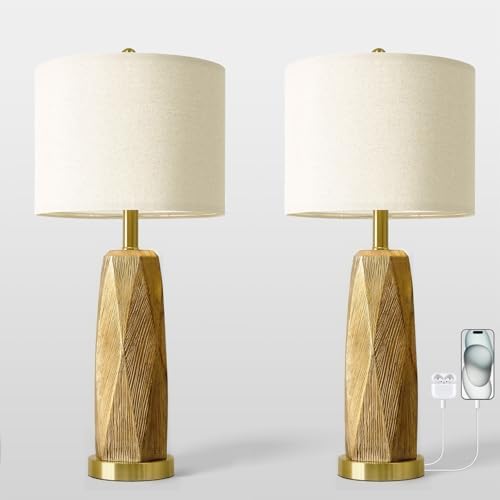 BOBOMOMO 27.5" Gold Table Lamps Set of 2 with USB-A & USB-C Charging Ports, Textured Resin Bedside Lamps with Linen Shade & Rotary Switch, Tall Nightstand Lamps for Bedroom, Living Room Office - Image 7