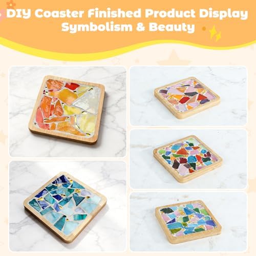 Karidge 5 Sets DIY Mosaic Kit, Mosaic Tiles for Crafts, Mixed Color Stained Glass with Wooden Coaster for Adults Women, Complete Mosaic Coaster Kit for Handmade Holiday Home Decoration Gifts - Image 3