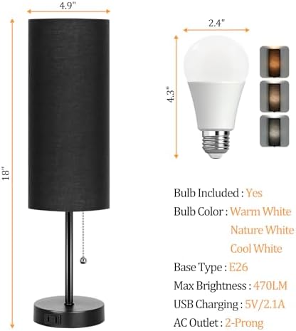 Dott Arts 18" Table Lamp for Bedroom, 3-Color Bedside Lamps with Pull Chain - Image 3