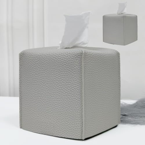 HOMOTEK 2 Pack Tissue Box Cover, Square PU Leather Tissue Holder, Decorative Facial Tissue Cube Paper Organizer Dispenser for Bathroom, Night Stands, Desk, Car 5X5X5'' - Light Gray, Pebble Grain by HOMOTEK