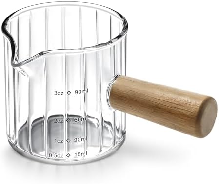 Espresso Measuring Cup 3 Oz, Espresso Glass Cups with Wood Handle, Milk Frothing Cup, Espresso Cup for Coffee, Milk, Tea or Maple Syrup Serving by Unknown
