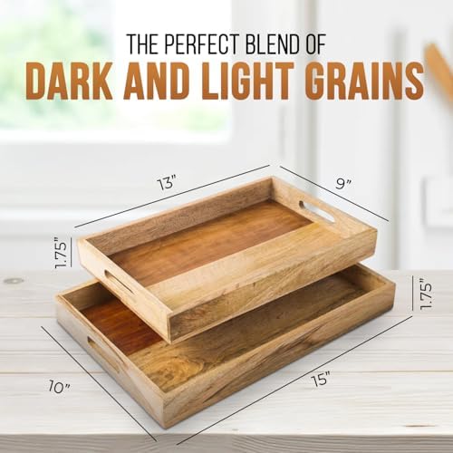 Mela Artisans Mango Wood Serving Tray Set - Natural Finish, 15" and 13" - Image 3