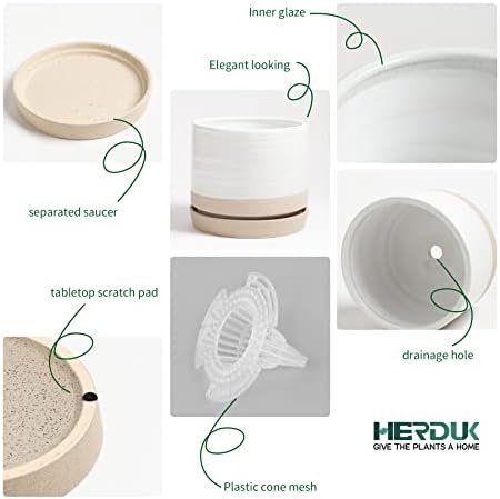 HERDUK 8 Inch Pots for Plants, Ceramic Planter Pot with Drainage Hole & Saucer, Indoor or Outdoor Cylinder Round Planter Pot, Matte White & Beige - Image 3