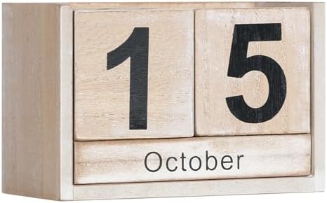 Wooden Block Calendar for Desk, Small Size Daily Desktop Perpetual Desk Calendar, Cute Date Display Desk Accessories for Home Office Decor, Teacher, Classroom, Reusable Yearly, Grey Beige by DEERINE