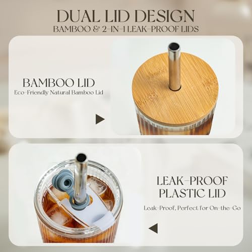 KEMORELA 20oz Ribbed Glass Tumblers with Bamboo Lids & Straws, Boba Cups - Image 4