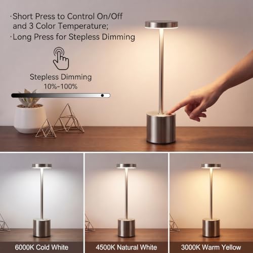 Silver Cordless Table Lamp 2Pack Rechargeable Portable Table Light - Image 3