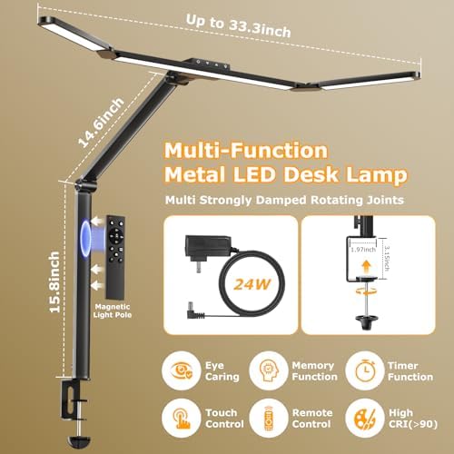 Airlonv LED Desk Lamp with Clamp, Architect Desk Lamp for Home Office with Remote, 24W Ultra-Bright Desk Light with Stepless Dimming and Stepless Color Temp, Memory Function for Study and Workbench - Image 3
