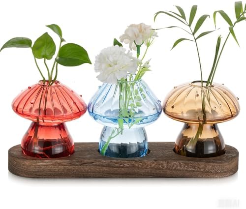 Hewory Plant Propagation Station: 3PCS Colored Mushroom Vase with Wood Tray by Hewory