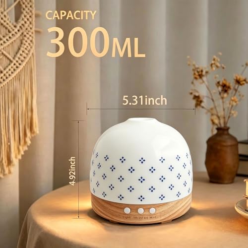 300ml Essential Ceramic Diffuser,Round Aroma Luruxy Porcelain Diffuser Night Light Captivating Exquisite Blue and White Patterned Elegance Nano Water Mist Humidifier - Image 2