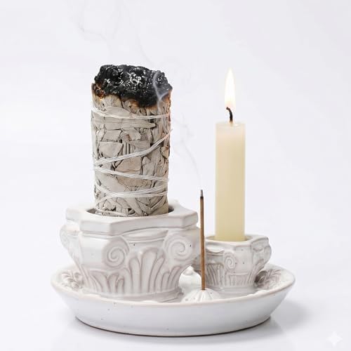 4-in-1 Ceramic Incense Holder & Ash Catcher Tray, Minimalist Burner for Palo Santo, Sage Smudge Sticks, Incense Sticks– Zen Aesthetic Home Decor for Meditation, Yoga & Desk Accessories by QSKISS