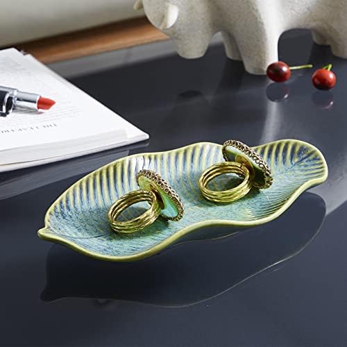11" Green Ceramic Leaf Decorative Tray, Reactive Glaze Stoneware - Image 4