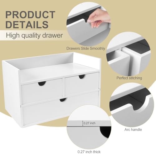Charmewooden Bamboo Desk Organizer 3 Drawer with Shelf, Countertop Organizer with Drawers Makeup Storage Drawer 3 Drawers Tabletop Storage Organization Box Home Office Workspace（White） - Image 6