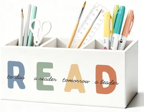 Book Lovers Gifts Pen Holder, Book Reader Gifts Pencil Holder for Desk, Boho Read Today a Reader Tomorrow a Leader Wooden Box Sign Decorations for Reading Room Classroom Desk Tabletop by Unknown