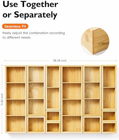 12-Piece Bamboo Drawer Organizer Set, 24 Compartments Modular Storage - Image 2