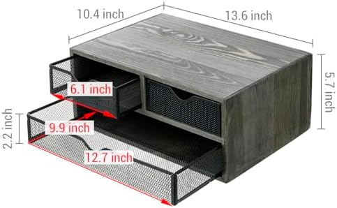 MyGift Vintage Weathered Gray Solid Wood Desktop Organizer Box with 3 Removable Black Metal Mesh Trays, Office Desk Supplies Storage Drawers for Accessories - Image 3