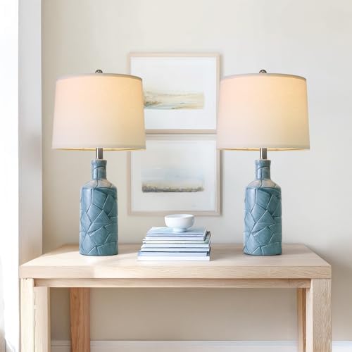PoKat 26'' Farmhouse Ceramic Table Lamps Set of 2, Blue Bedside Lamps for Living Room, Nightstand Lamps for Bedroom Night Stands, Bedroom Lamps for Side Table End Table Hallway, Blue - Image 6