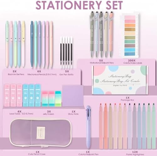 56 PCS Aesthetic School Supplies with Large Pencil Case, 5 Inspirational Ballpoint Pens, 12 Pastel Highlighters, 5 Black Ink Gel Pens, 6 Mechanical Pencils 0.5-0.7mm College Student Essentials(purple) - Image 2
