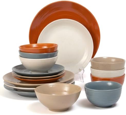 Sango Siterra Painter's Palette 16-Piece Stoneware Dinnerware Set - Service for 4, Ceramic Plates and Bowls Sets, Chip Resistant, Rustic Dishware, Microwave & Dishwasher Safe Kitchen Dishes by Sango
