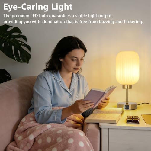 LAMSU Vintage Gold Table Lamp with Cream Glass Shade, Small Beside Lamp with Bulb, USB Ports, 3 Way Dimmable Nightstand Lamp, Mid Century Modern Desk Lamp for Bedroom Living Room, Home Decor - Image 4