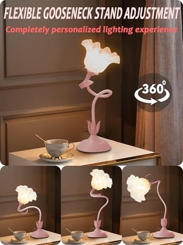 Flower Table Lamp, LED Reading Light Bedside Vintage Night Light (Pink) - Image 4