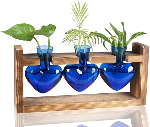 Kingbuy 3-Heart Plant Terrarium Kit with Vintage Wood Stand - Stained Glass Vase Propagation Station, Wall-Mounted & Tabletop Indoor Decor for Home Kitchen Wedding Gift, Blue by Kingbuy