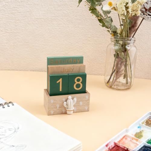 Notakia Perpetual Calendar, Wooden Calendar for Home Office Desk Accessories Vintage Wood Block Calendar(Green) - Image 4