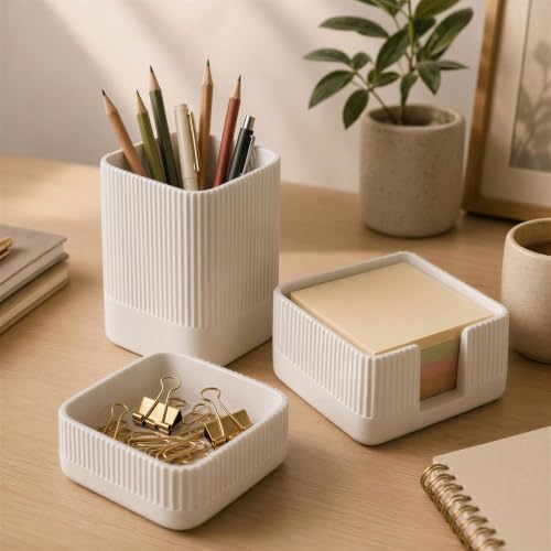 Aesthetic Desk Organizer Set of 3 - Sturdy Concrete Office Accessories by KIBAGA