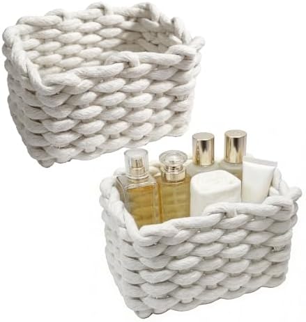 Woven Baskets 2 Pcs White, Small Storage Basket & Basket Organizer, Decorative Basket for Home, Countertop Cosmetics Toys Wardrobe Living Room Bedroom Desktop Storage and Decoration by Unknown