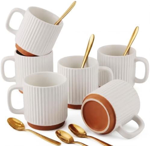 6 Set 8.8 oz Ceramic Coffee Mugs with Gold Spoons, Ivory by Ferrochef