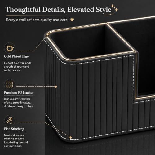 KINGFOM Luxury Black PU Leather Desk Organizer with Gold Trim, Premium Pen Holder for Desk Accessories, Modern Office Supplies Organizer for Home Office Desk Decor - Image 5
