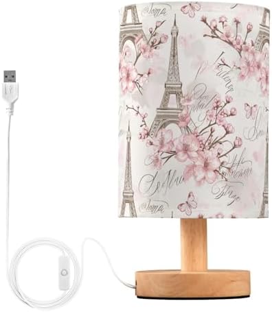 French Eiffel Tower Pink Blossom Table Lamp for Bedroom USB Port Lamps Small Accent Table Lamp Nightstand Lamp Study Linen Shade with Wooden Base, Decorative Lamps for Bedside Reading|Kids|Dorm|Home by Fustylead