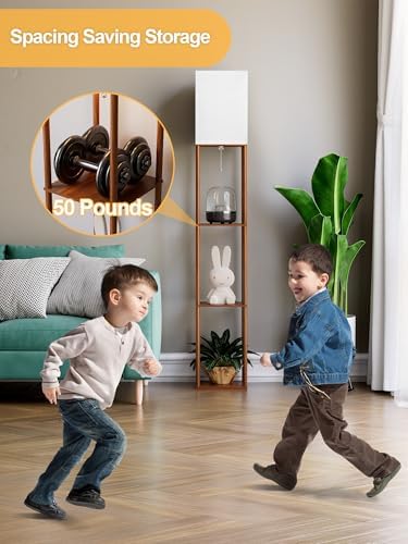 Floor Lamp with Shelves for Living Room Walnut Brown, Shelf Floor Lamp with 3 CCT LED Bulb, Corner Display Standing Column Lamp Etagere Organizer Tower Nightstand with White Linen Shade for Bedroom - Image 5