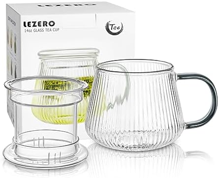 Glass Tea Infuser Cup with Lids and Handle for Blooming & Loose Leaf, 14oz by LEZERO