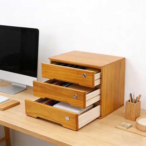 Wooden Desktop Storage Box with Lockable Drawers, Flat File Cabinet Drawer Desktop Storage Box, Countertop Storage Cabinet for Office Home Toiletries Supplies Vanity (Wood yellow, 3 Drawer) - Image 6