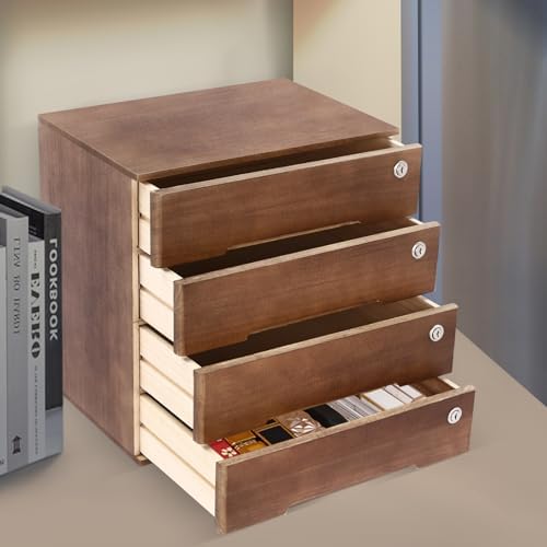 Wooden Desktop Storage Box with Lockable Drawers, Flat File Cabinet Drawer Desktop Storage Box, Countertop Storage Cabinet for Office Home Toiletries Supplies Vanity (Walnut, 4 Drawer) - Image 2